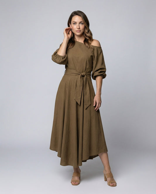 Damen Midikleid Einseitig Schulterfrei Stufenrock - Eveloria