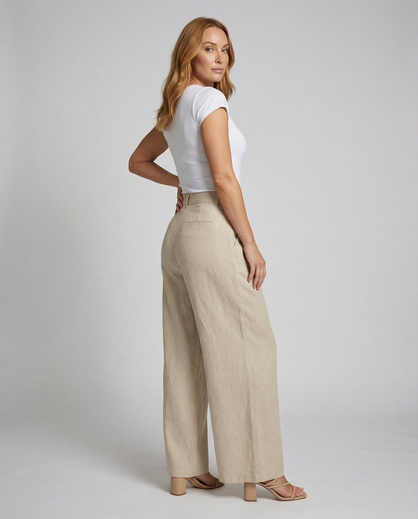 Damen Leinenmix Weithose Elegantes Design Beige - Eveloria