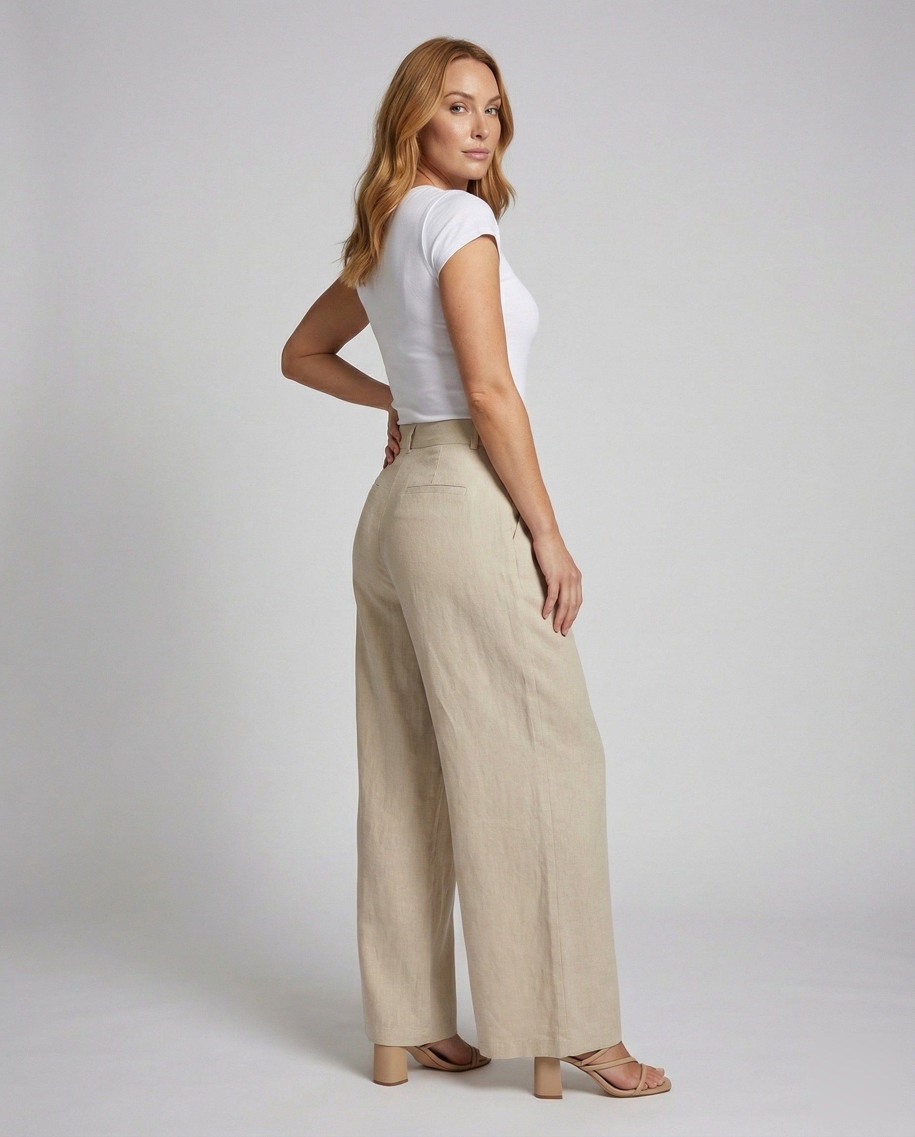 Damen Leinenmix Weithose Elegantes Design Beige - Eveloria