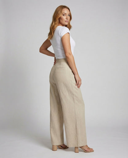 Damen Leinenmix Weithose Elegantes Design Beige - Eveloria
