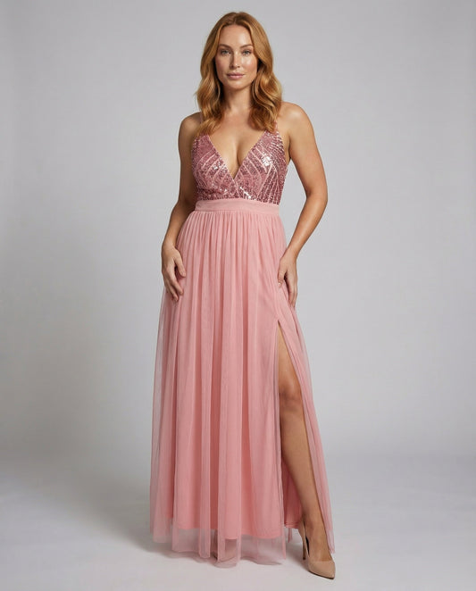 Damen Abendkleid Tüll Pailletten Bustier - Eveloria
