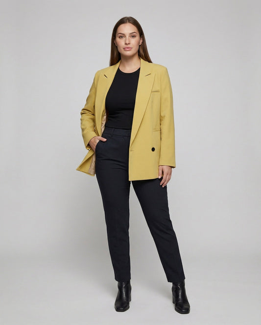 Damen Doppelreihiger Langblazer Klassisch Schwarz - Eveloria