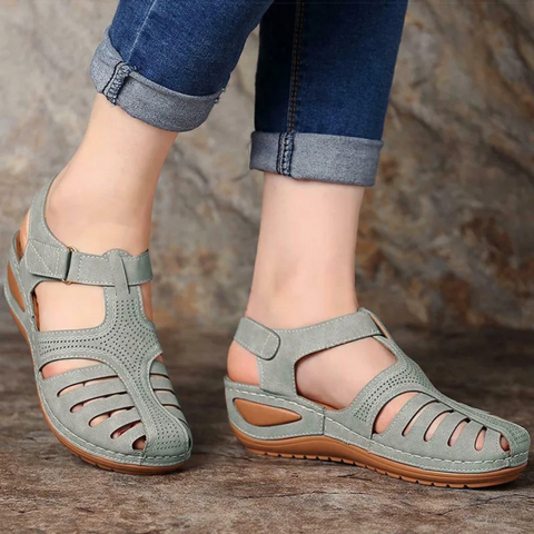 Damen Walking Sandalen Frühlingslook Cutout Leder Beige