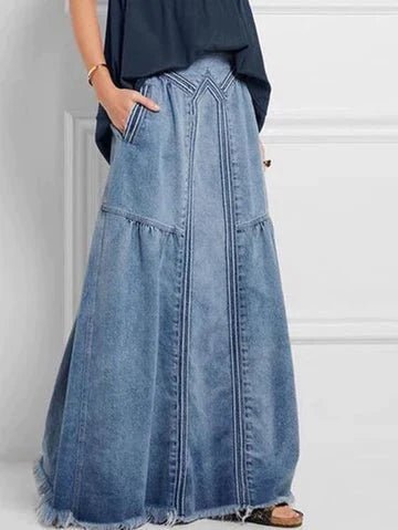 Damen Denimrock Elastischer Bund Lang Schwarz - Eveloria