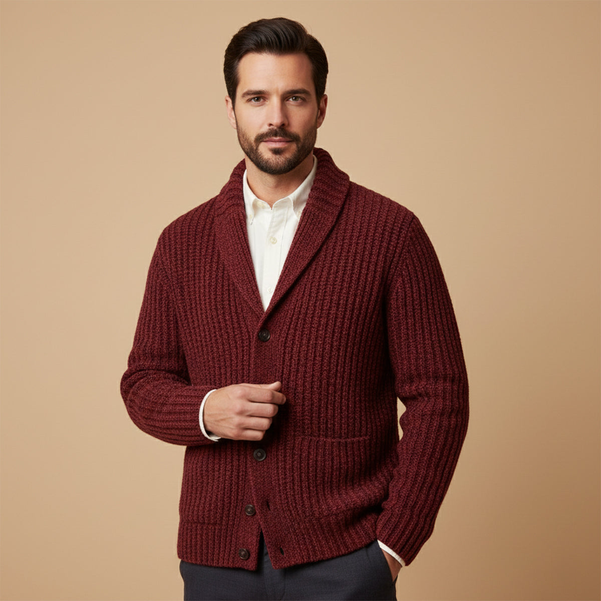 Herren Strickcardigan Reverskragen Warm Beige