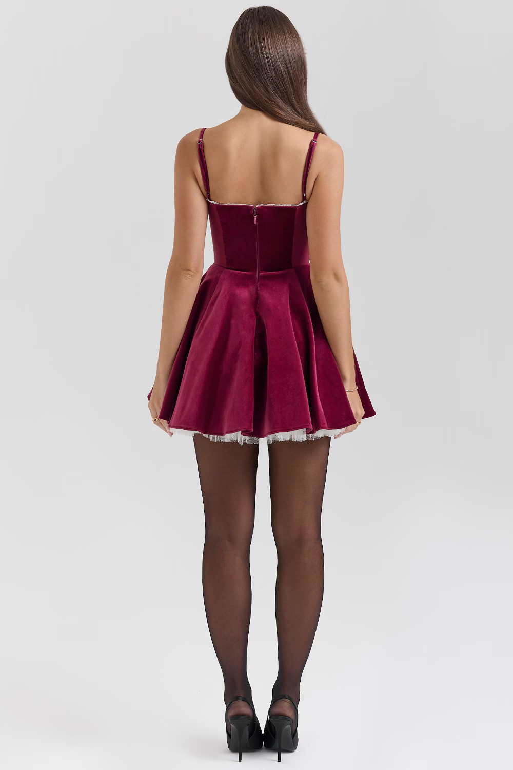 Damen Samt Minikleid Spaghettiträger Ausgestellter Rock