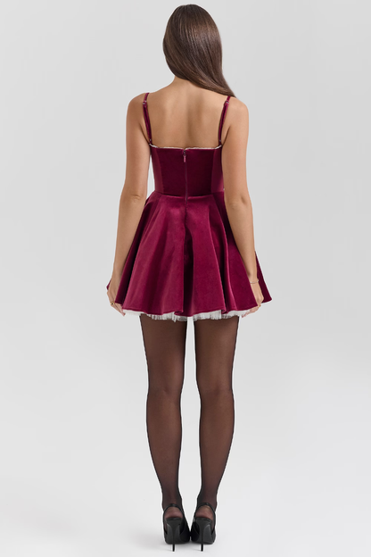 Damen Samt Minikleid Spaghettiträger Ausgestellter Rock