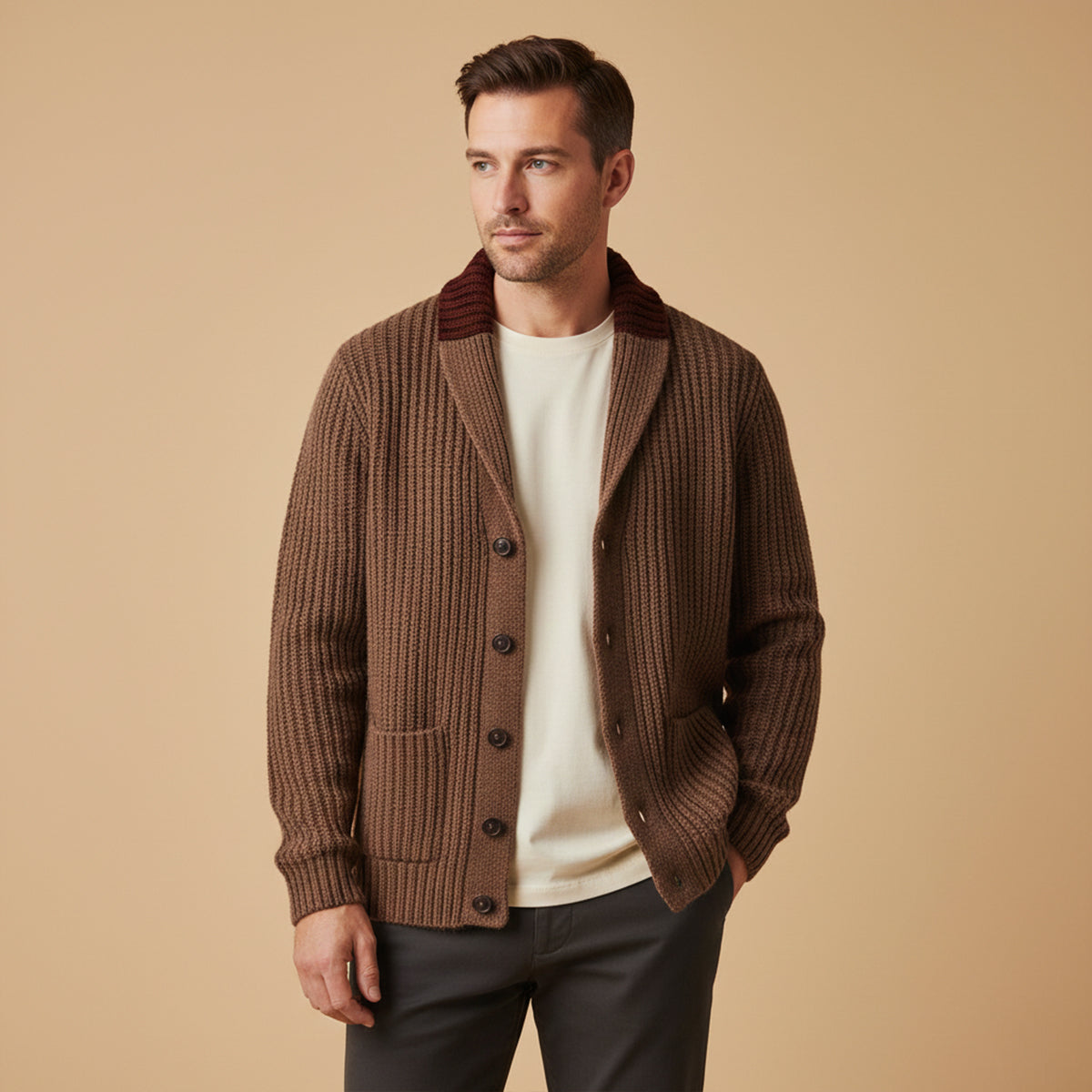 Herren Strickcardigan Reverskragen Warm Beige
