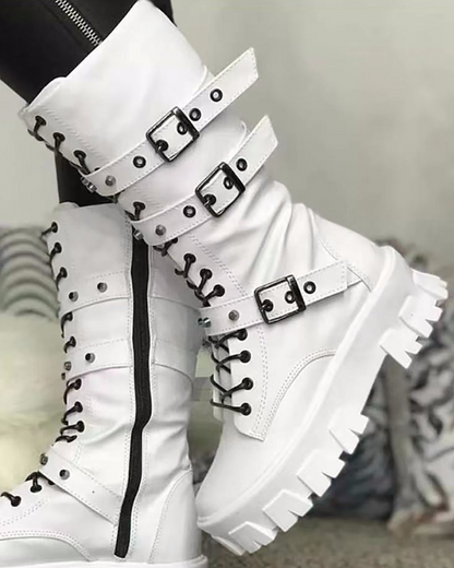 Damen Military Boots Robust Schnürung Verstellbare Schnallen