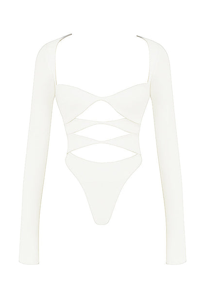 Damen Langarm Crop Weiß V-Ausschnitt