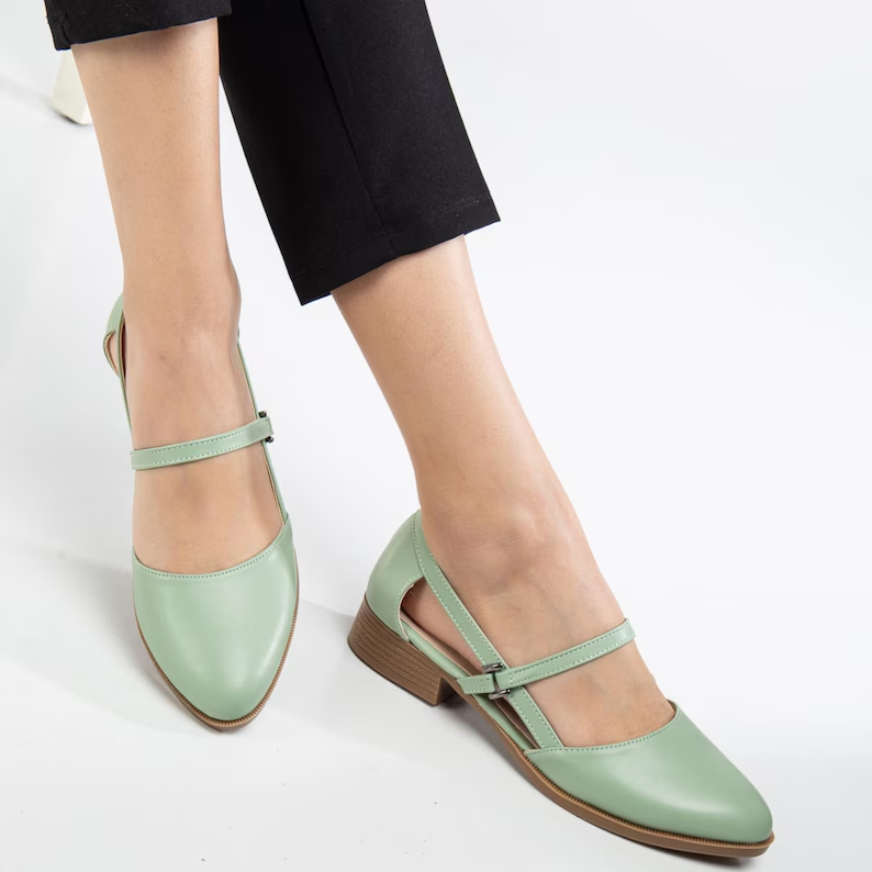 Mintgrüne Damen Flats Mary Jane Schuhe - Eveloria
