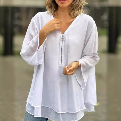 Damen Chiffon V-Ausschnitt Reißverschluss Beige