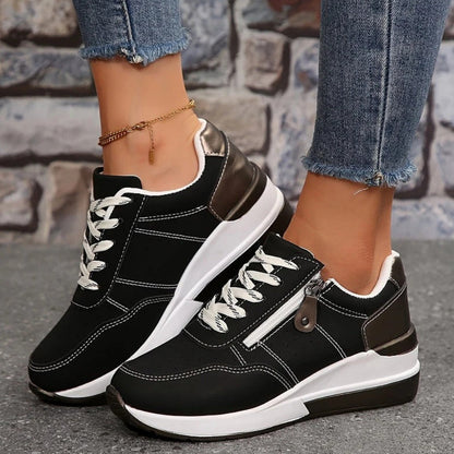 Damen Sneaker Schnürung Reißverschluss Bequem Schwarz - Eveloria