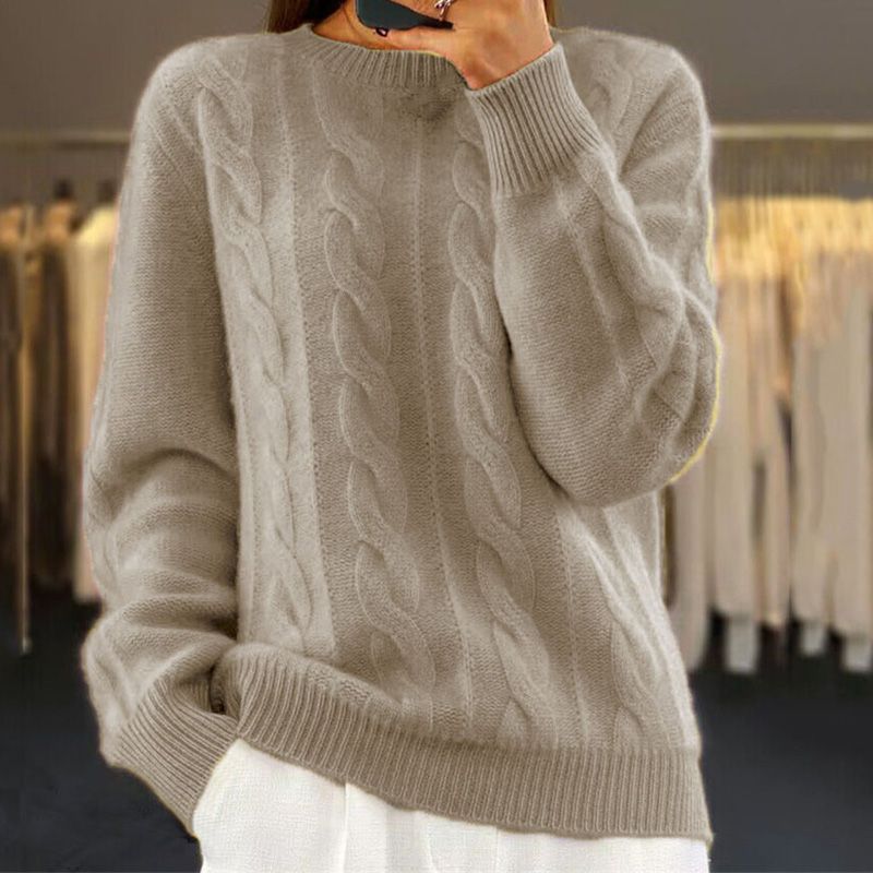 Eveloria Damen Pullover Wollmischung Kabelstrick Gerippter Saum Beige