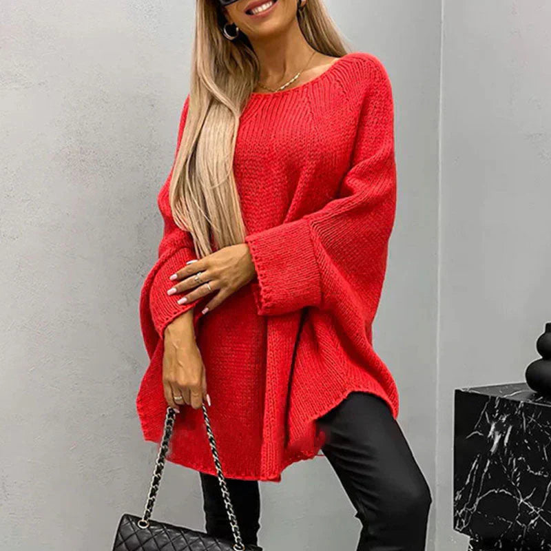 Damen Oversized Pullover Grobstrick Bootsausschnitt Langärmlig