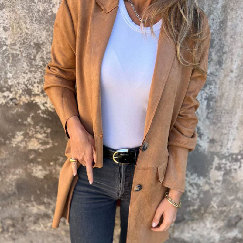 Damen Mid-Length Mantel Reverskragen Knopfleiste Klassisch - Eveloria