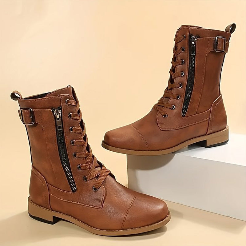 Damen Mid-Calf Boots Schnüren Reißverschluss Leder Schwarz - Eveloria