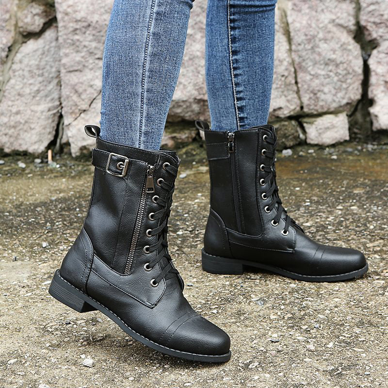 Damen Mid-Calf Boots Schnüren Reißverschluss Leder