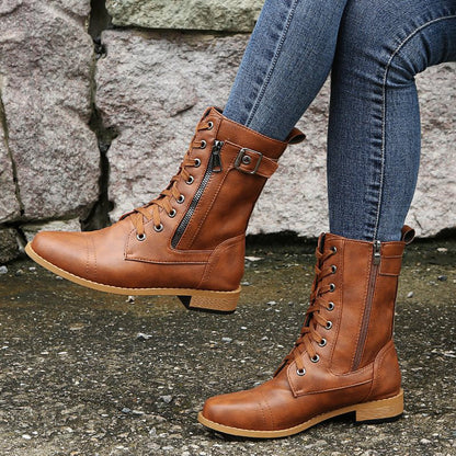 Damen Mid-Calf Boots Schnüren Reißverschluss Leder