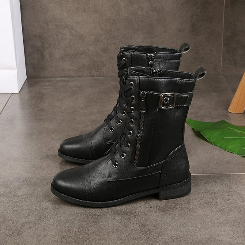 Damen Mid-Calf Boots Schnüren Reißverschluss Leder