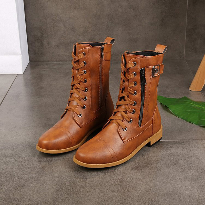 Damen Mid-Calf Boots Schnüren Reißverschluss Leder
