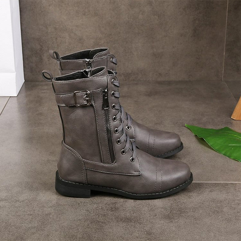 Damen Mid-Calf Boots Schnüren Reißverschluss Leder
