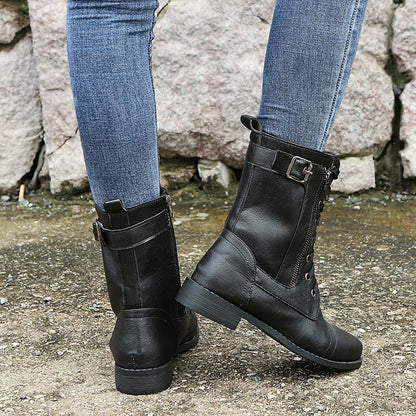 Damen Mid-Calf Boots Schnüren Reißverschluss Leder