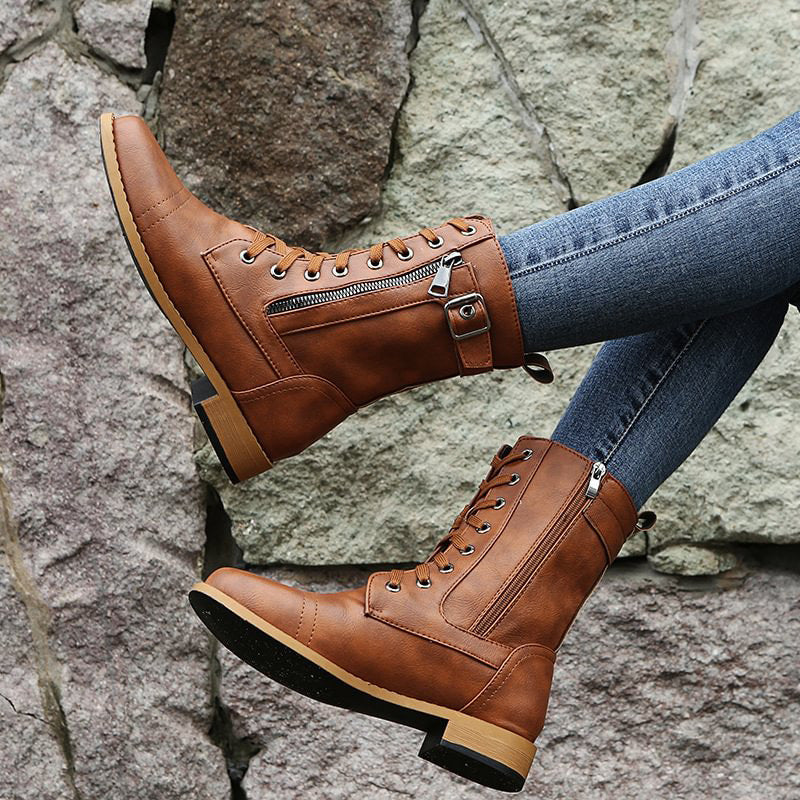 Damen Mid-Calf Boots Schnüren Reißverschluss Leder