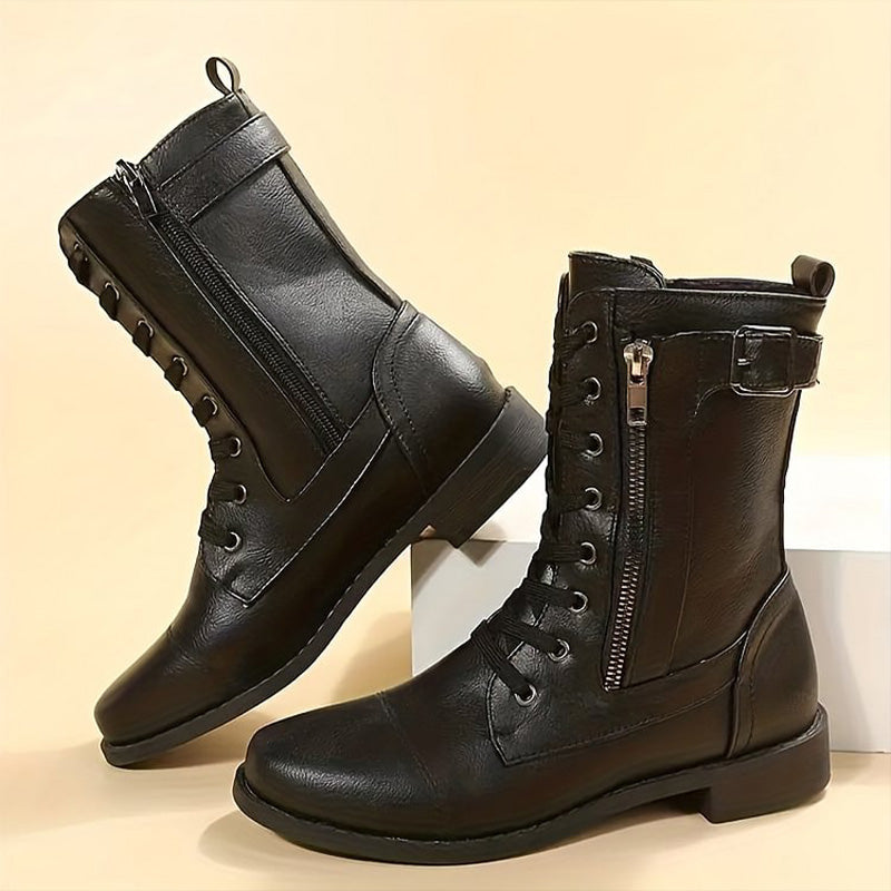 Damen Mid-Calf Boots Schnüren Reißverschluss Leder