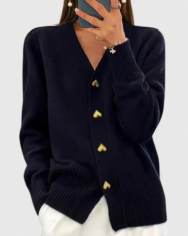 Damen Strickcardigan Weich Herzknöpfe Beige