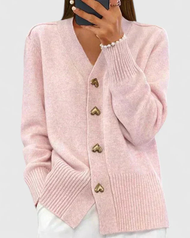 Damen Strickcardigan Weich Herzknöpfe Beige - Eveloria
