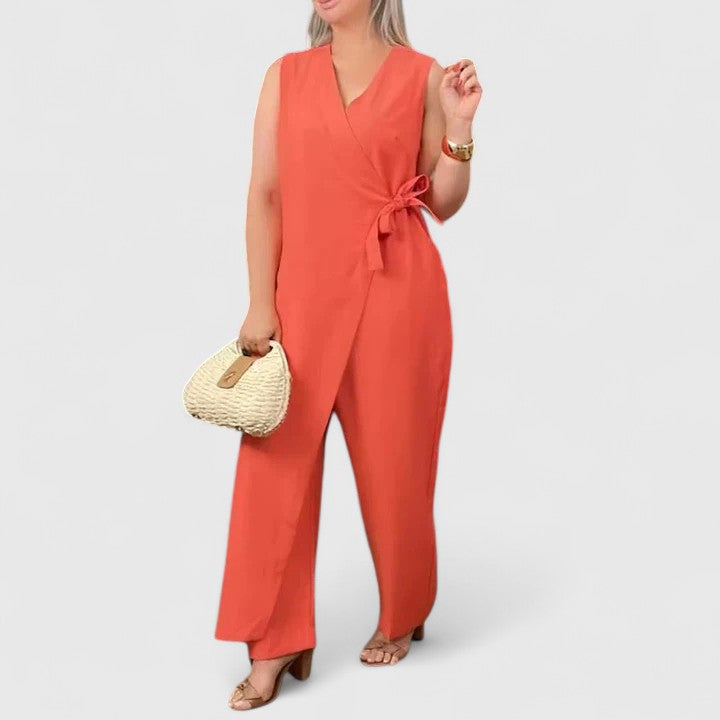 Damen Ärmelloser Jumpsuit Wickeloptik Taillengürtel - Eveloria