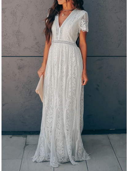 Damen Kurzarm Maxikleid Spitze V-Ausschnitt - Eveloria