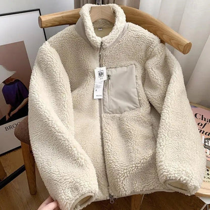 Damen Teddy-Fleece-Jacke Stehkragen Warm Beige - Eveloria