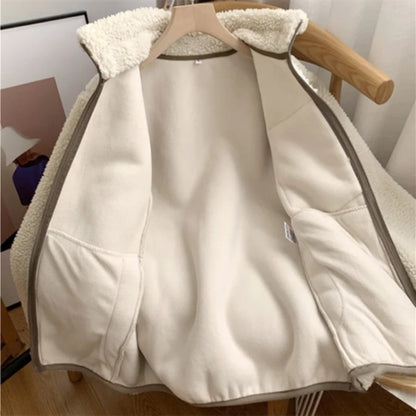 Damen Teddy-Fleece-Jacke Stehkragen Warm Beige