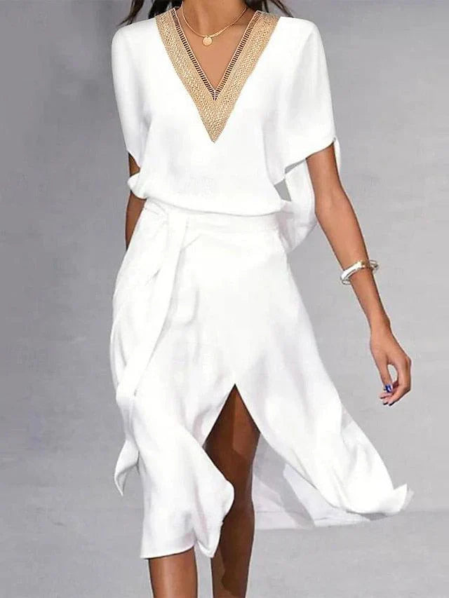 Damen Sommerkleid Midi V-Ausschnitt - Eveloria