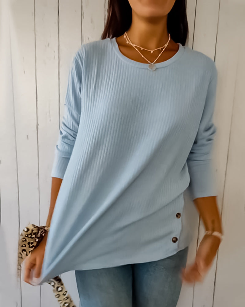 Damen Langarmshirt Rundhals Rippstrick Weich Beige