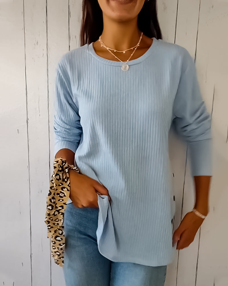 Damen Langarmshirt Rundhals Rippstrick Weich Beige