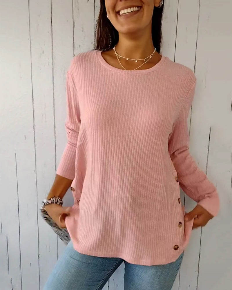 Damen Langarmshirt Rundhals Rippstrick Weich Beige