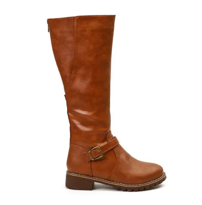 Damen Knee High Stiefel Schnallenriemen Niedriger Blockabsatz