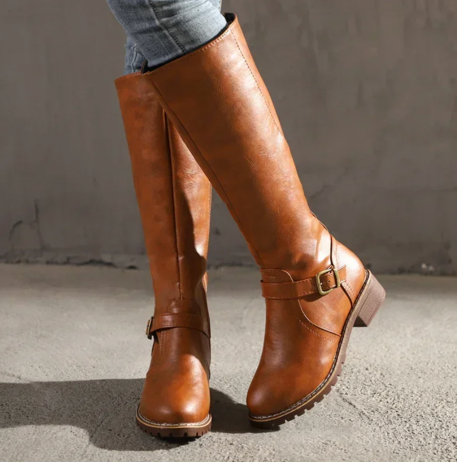 Damen Knee High Stiefel Schnallenriemen Niedriger Blockabsatz - Eveloria
