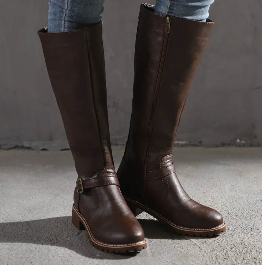 Damen Knee High Stiefel Schnallenriemen Niedriger Blockabsatz