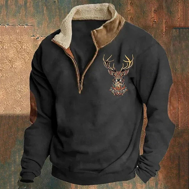 Herren Fleece Pullover Warm Stehkragen Reißverschluss Hirsch Stickerei