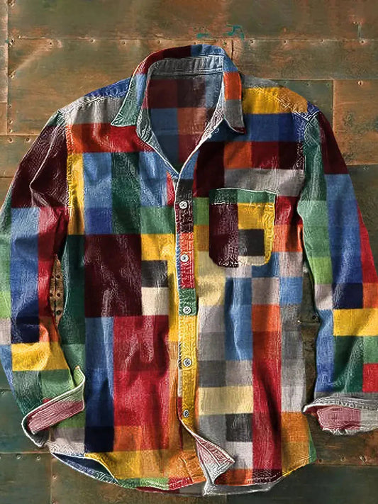 Herren Langarmhemd Patchwork-Design Baumwolle Blau - Eveloria