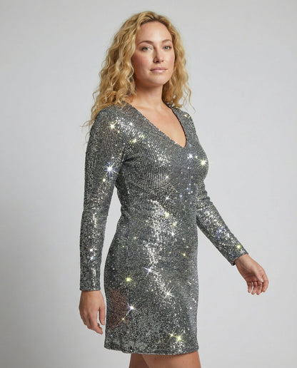 Damen Paillettenkleid Langärmlig Glitzernd