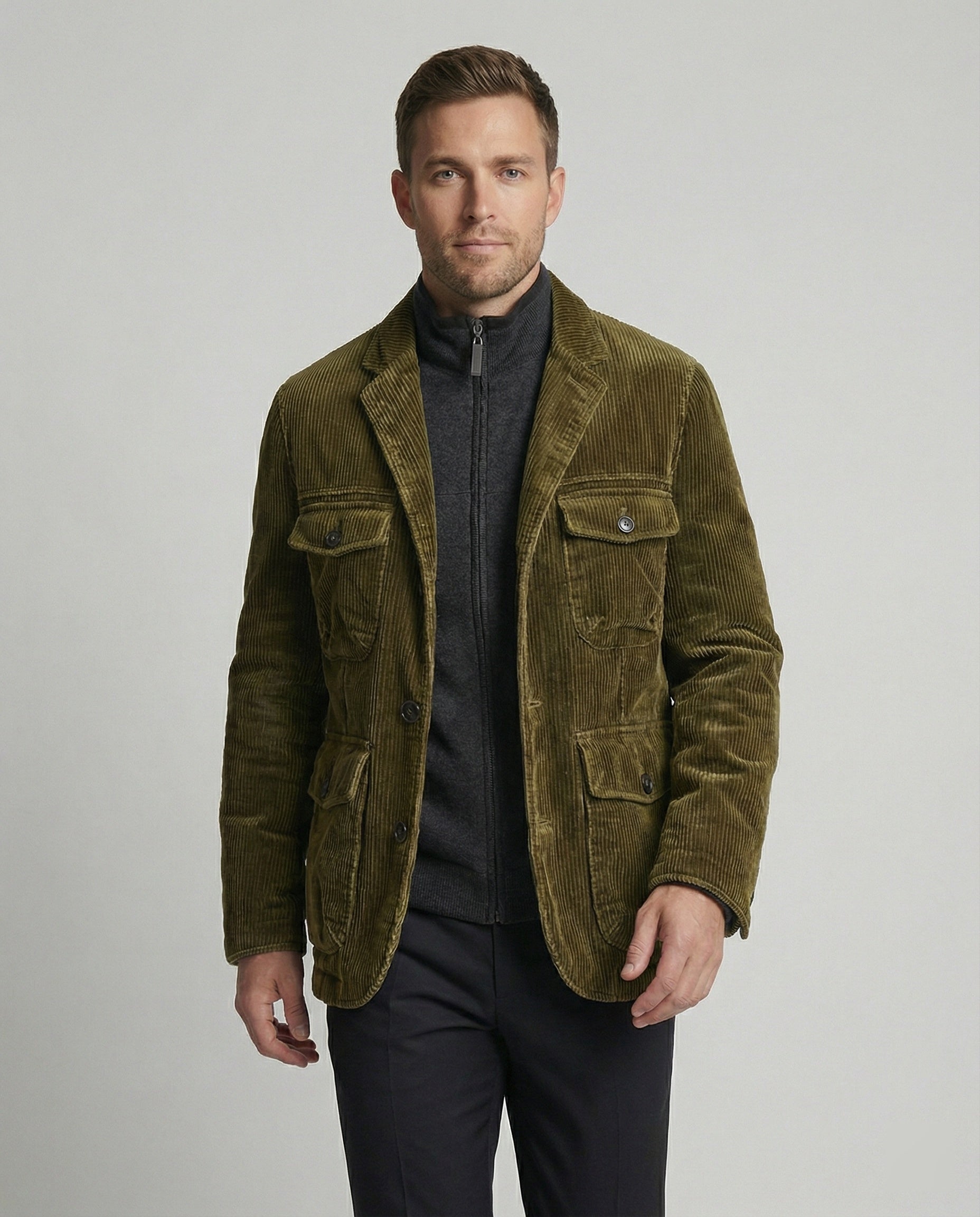 Herren Cordjacke Multifunktionale Taschen Moderner Schnitt Braun - Eveloria