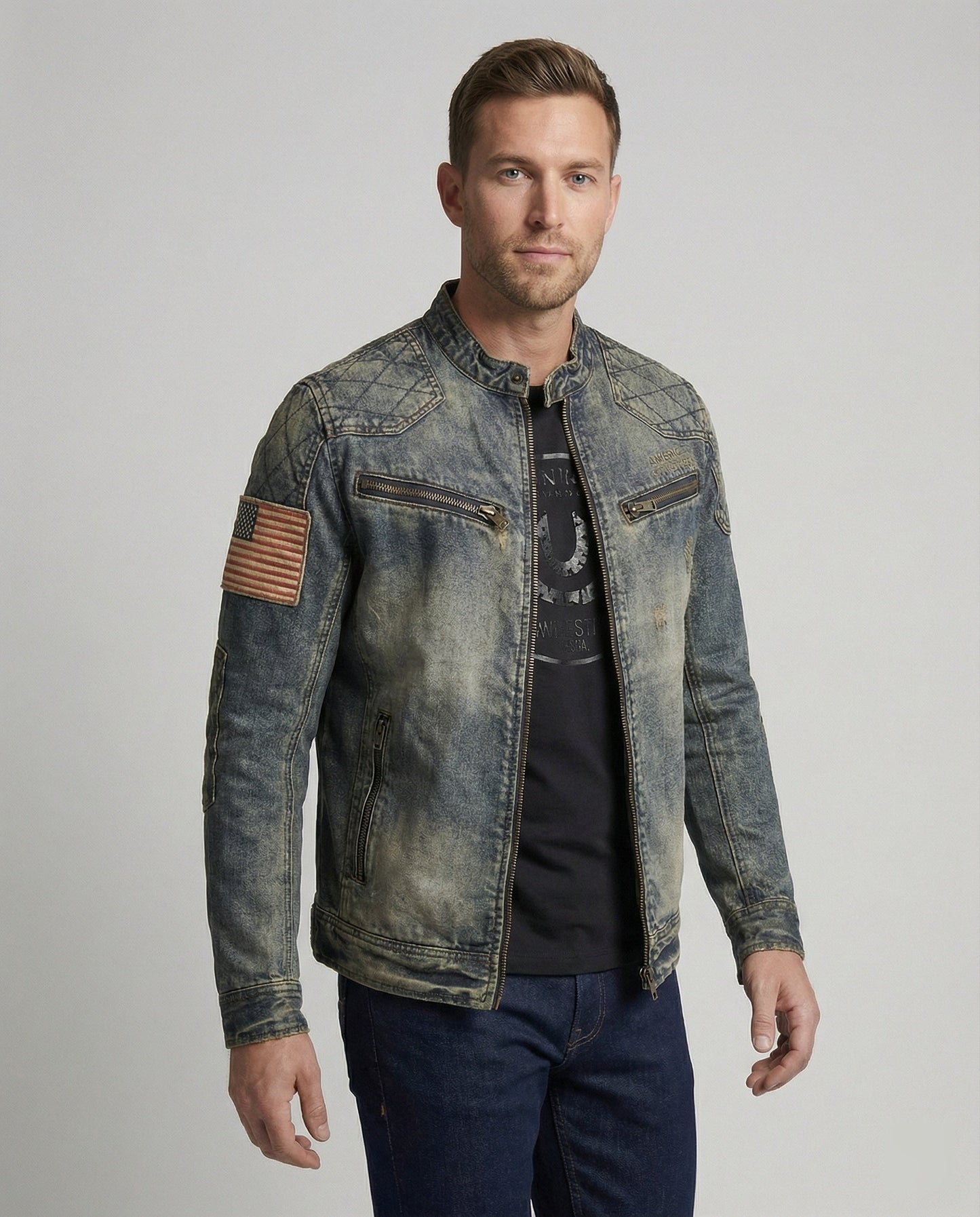 Herren Bikerjacke Stehkragen Jeans