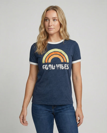 Eveloria Damen Good Vibes T-Shirt Positivität Schwarz - Eveloria