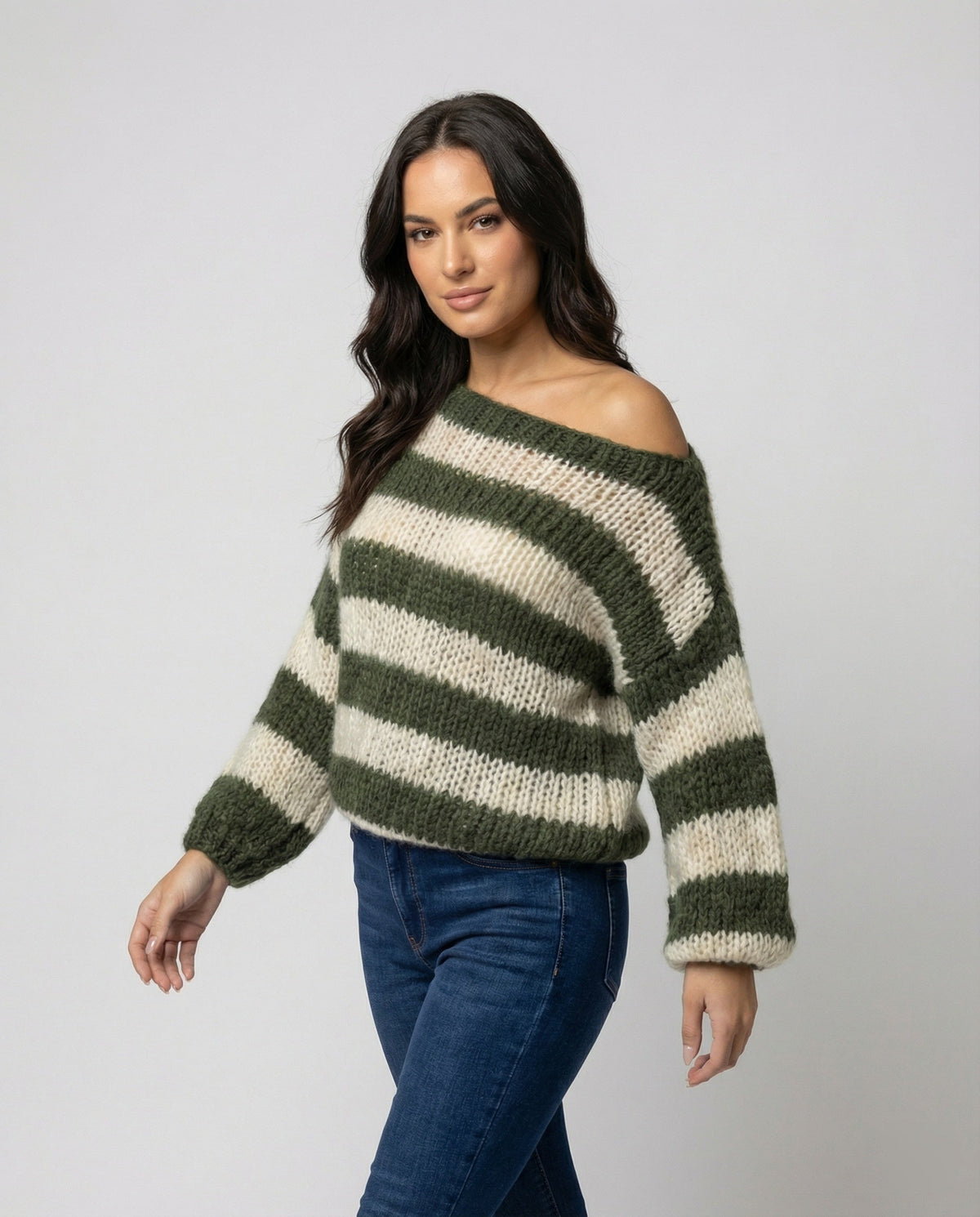 Damen Oversize Pullover Streifen Acryl Grau