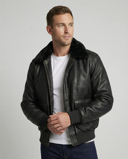Herren Lederjacke Pilotenstil Teddykragen